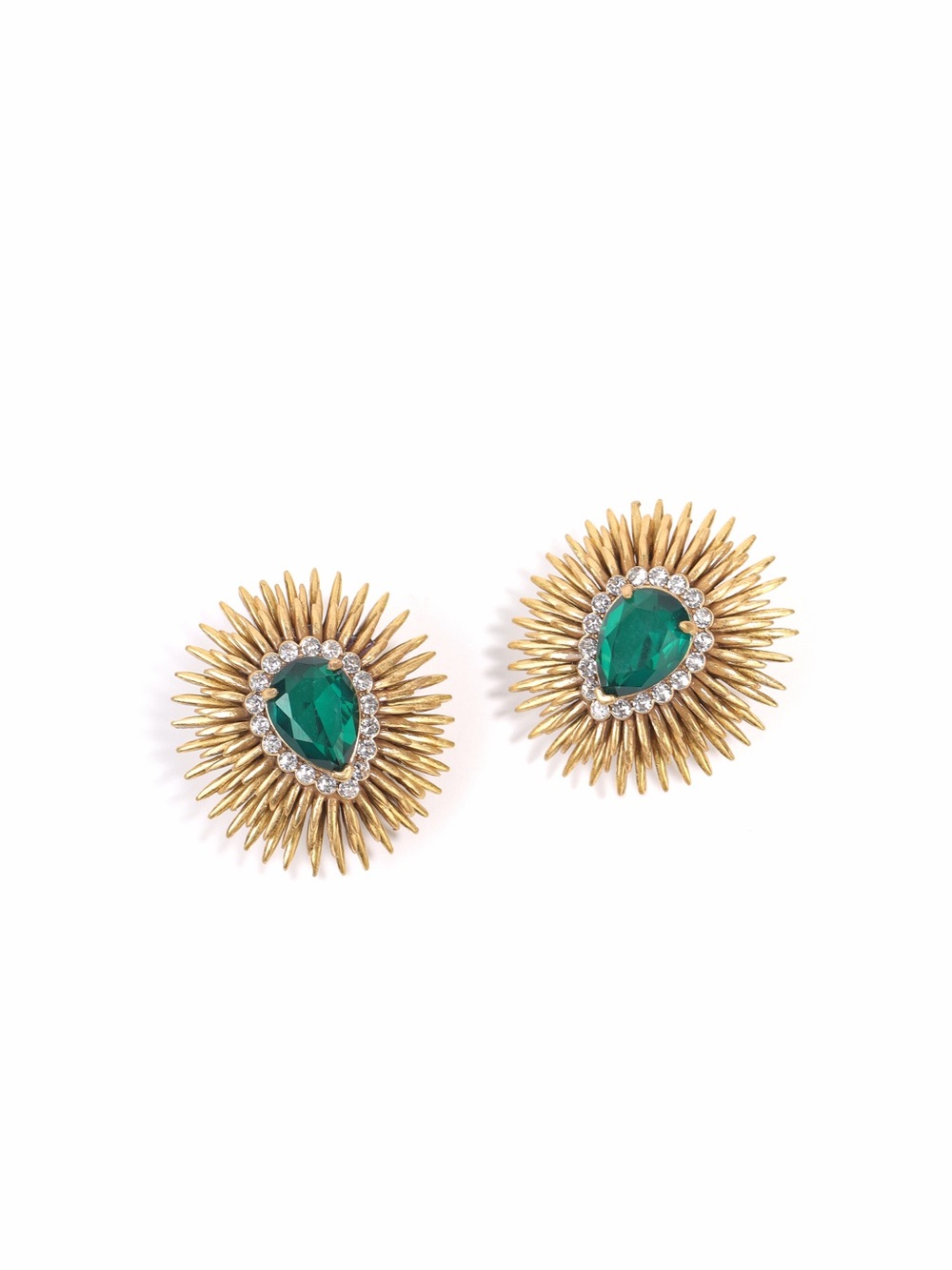 Gold plated Sunburst Earrings with Emerald Teardrop Center